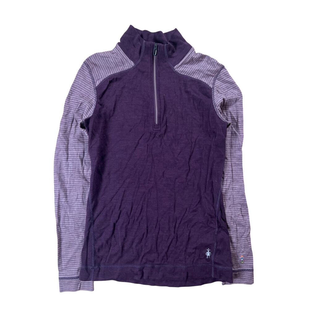 Smartwool Women Purple Merino Wool 1/4 Zip Striped Long Sleeve Sweater